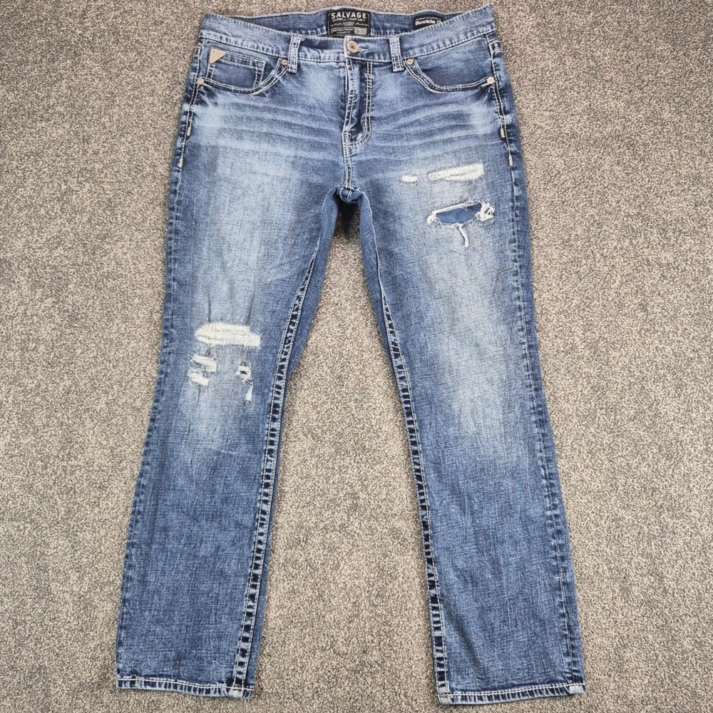Buckle Salvage Mayhem Straight Jeans Mens 38x32 Blue Stretch Distressed Whiskers